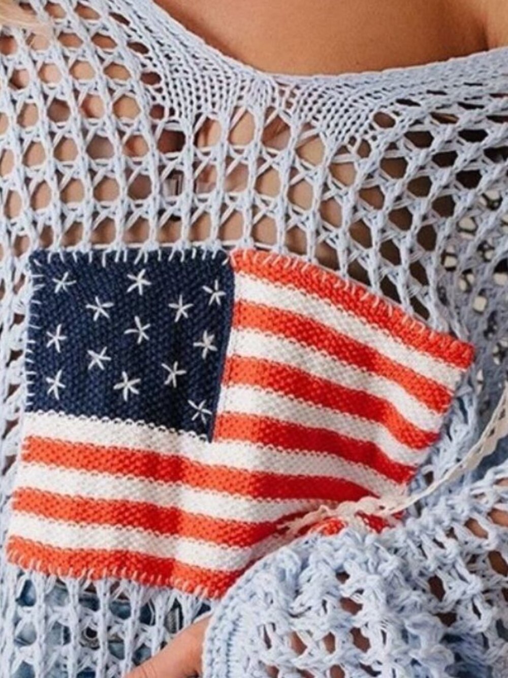 Hollow Out Crochet Knit American Flag Patched Knit Cover Up - Picture 4 of 6
